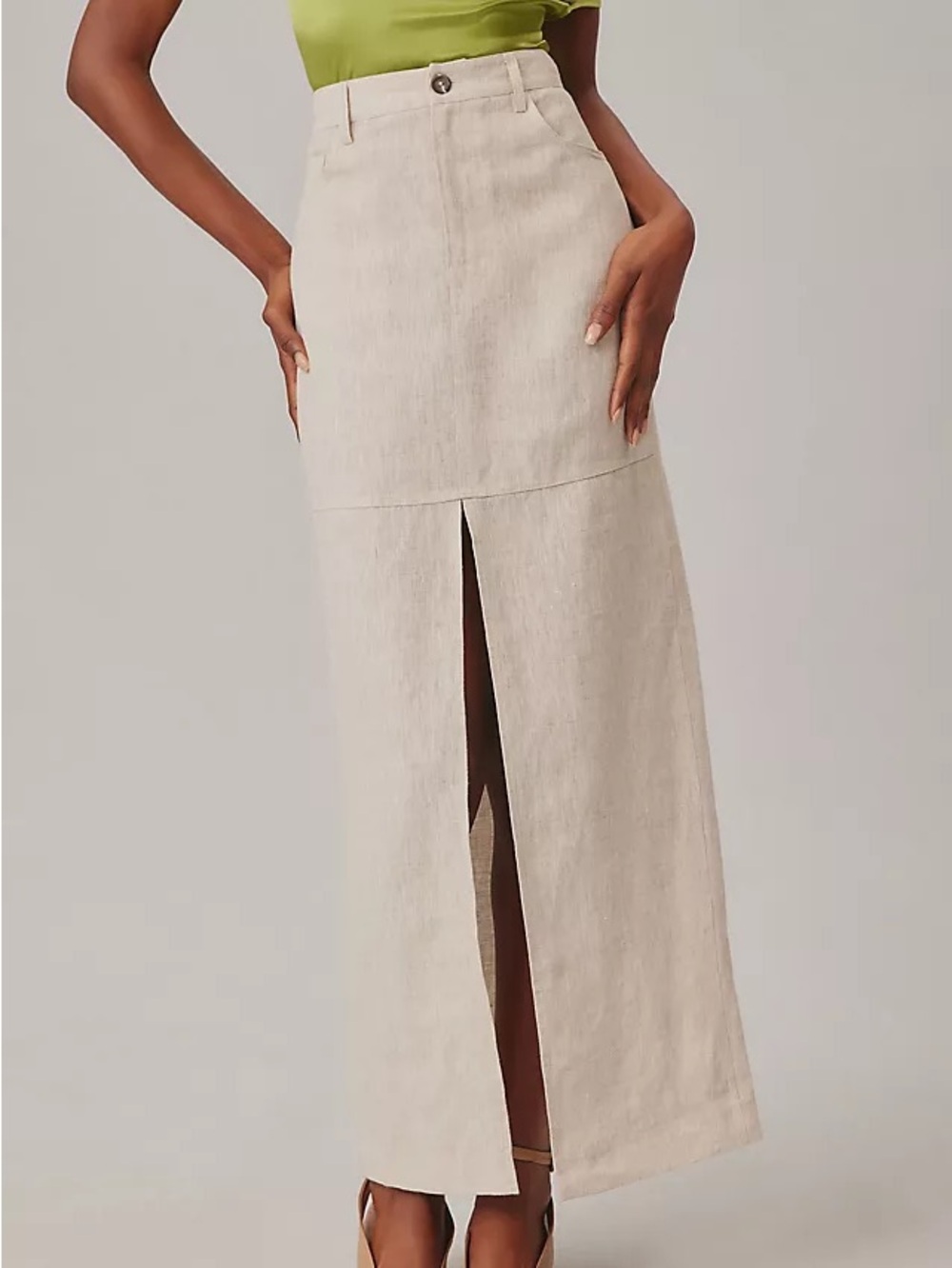 Women's Cream Linen Blend Midi Skirt with Front Slit - Picture 2 of 11